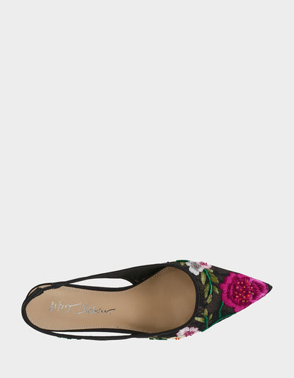 Betsey Johnson Smart Buy | FELIX BLACK MULTI FLORAL Pointed-Toe Slingback Pump Kitten Heel