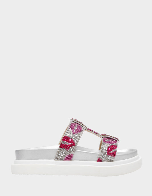 Betsey Johnson Sale | BILLY MULTI LIPS Women's Footbed Slip-On Lip Print Sandal