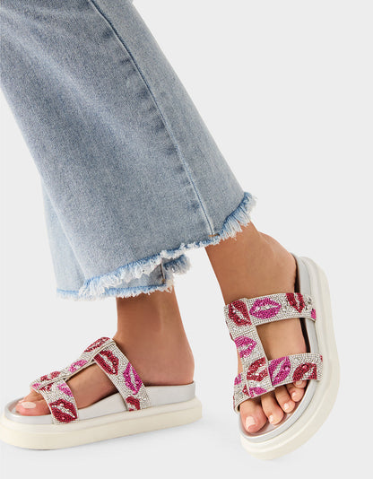 Betsey Johnson Sale | BILLY MULTI LIPS Women's Footbed Slip-On Lip Print Sandal