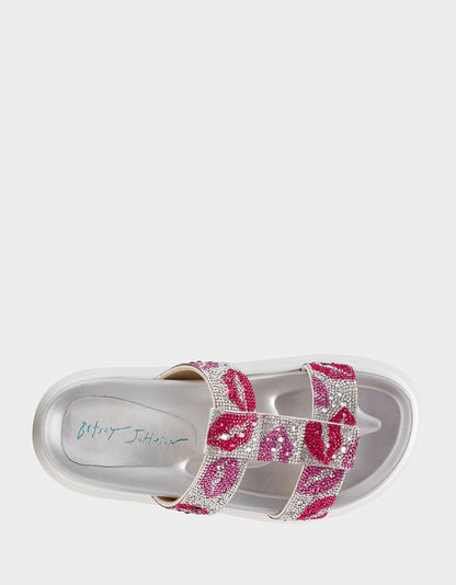 Betsey Johnson Sale | BILLY MULTI LIPS Women's Footbed Slip-On Lip Print Sandal