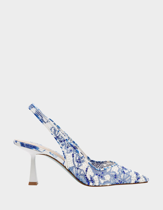 Betsey Johnson Essential | CLARK HEELS WHITE/BLUE FLORAL Women's Sling-Back Mesh Rhinestone Heel