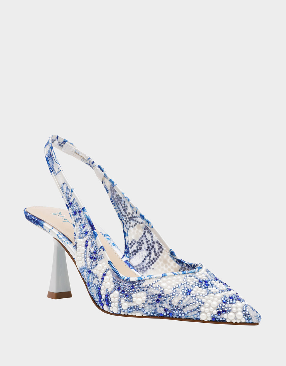 Betsey Johnson Essential | CLARK HEELS WHITE/BLUE FLORAL Women's Sling-Back Mesh Rhinestone Heel