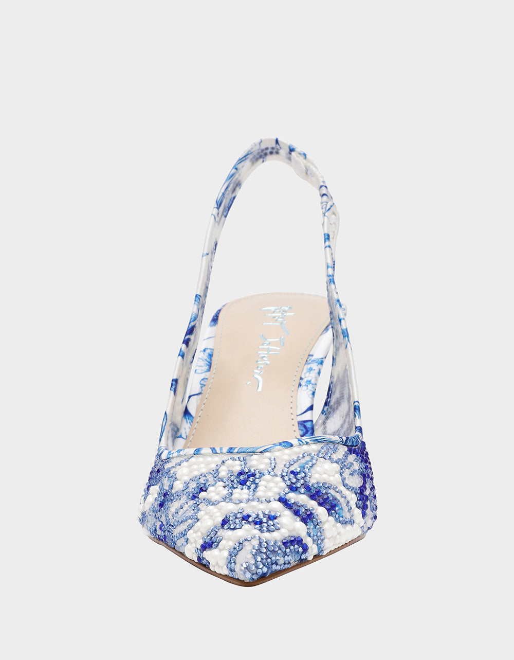 Betsey Johnson Essential | CLARK HEELS WHITE/BLUE FLORAL Women's Sling-Back Mesh Rhinestone Heel