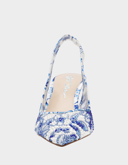 Betsey Johnson Essential | CLARK HEELS WHITE/BLUE FLORAL Women's Sling-Back Mesh Rhinestone Heel