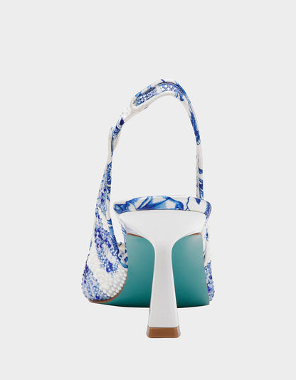 Betsey Johnson Essential | CLARK HEELS WHITE/BLUE FLORAL Women's Sling-Back Mesh Rhinestone Heel