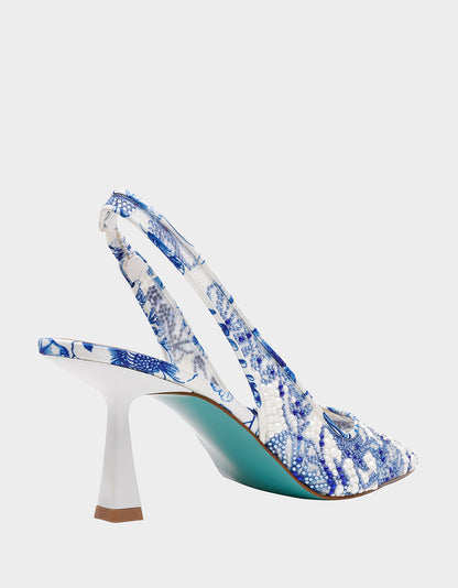 Betsey Johnson Essential | CLARK HEELS WHITE/BLUE FLORAL Women's Sling-Back Mesh Rhinestone Heel