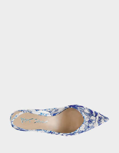 Betsey Johnson Essential | CLARK HEELS WHITE/BLUE FLORAL Women's Sling-Back Mesh Rhinestone Heel
