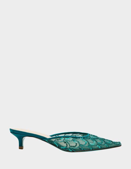Betsey Johnson Premium | ELLIS EMERALD Pointed-Toe Mesh Embellished Mule Women's Kitten Heel