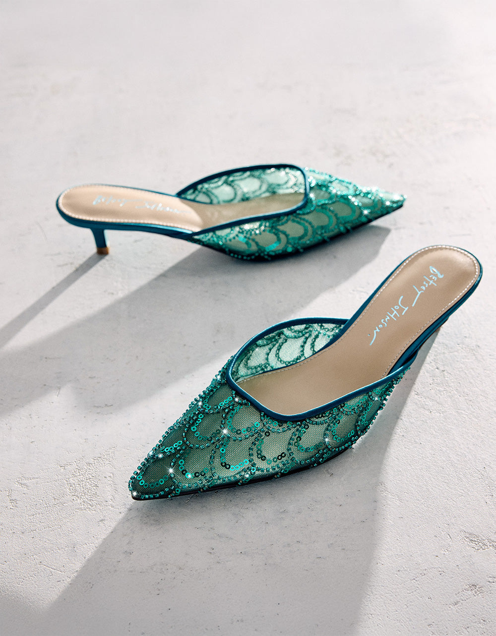 Betsey Johnson Premium | ELLIS EMERALD Pointed-Toe Mesh Embellished Mule Women's Kitten Heel