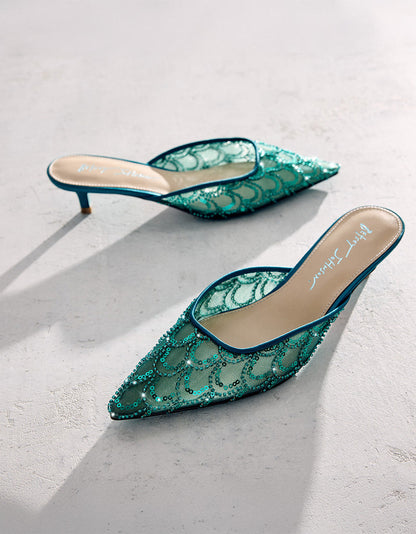 Betsey Johnson Premium | ELLIS EMERALD Pointed-Toe Mesh Embellished Mule Women's Kitten Heel