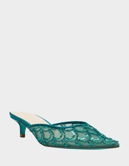 Betsey Johnson Premium | ELLIS EMERALD Pointed-Toe Mesh Embellished Mule Women's Kitten Heel