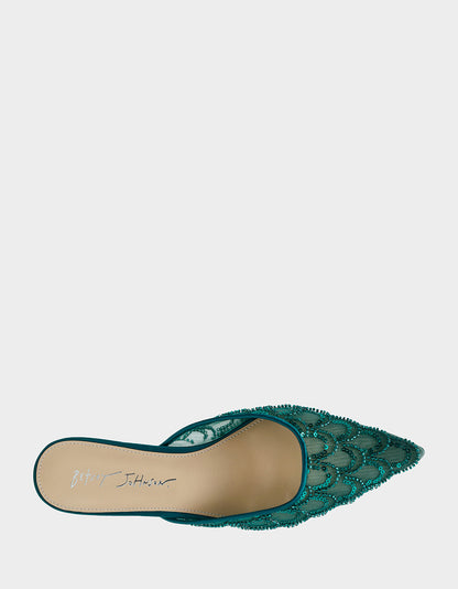 Betsey Johnson Premium | ELLIS EMERALD Pointed-Toe Mesh Embellished Mule Women's Kitten Heel