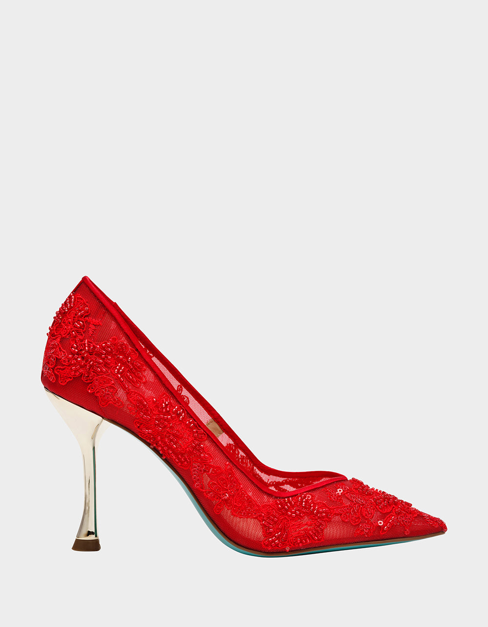 Betsey Johnson Featured | JENII RED Pointed-Toe Mesh Embellished Floral Print Pump Women's Heel