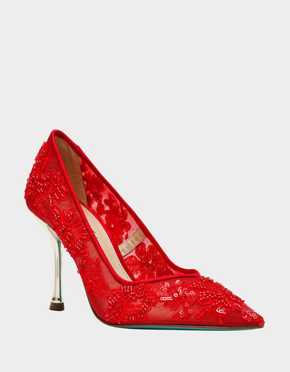 Betsey Johnson Featured | JENII RED Pointed-Toe Mesh Embellished Floral Print Pump Women's Heel