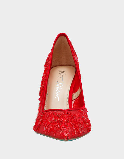 Betsey Johnson Featured | JENII RED Pointed-Toe Mesh Embellished Floral Print Pump Women's Heel