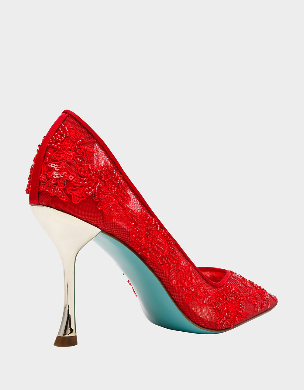 Betsey Johnson Featured | JENII RED Pointed-Toe Mesh Embellished Floral Print Pump Women's Heel