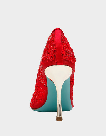Betsey Johnson Featured | JENII RED Pointed-Toe Mesh Embellished Floral Print Pump Women's Heel