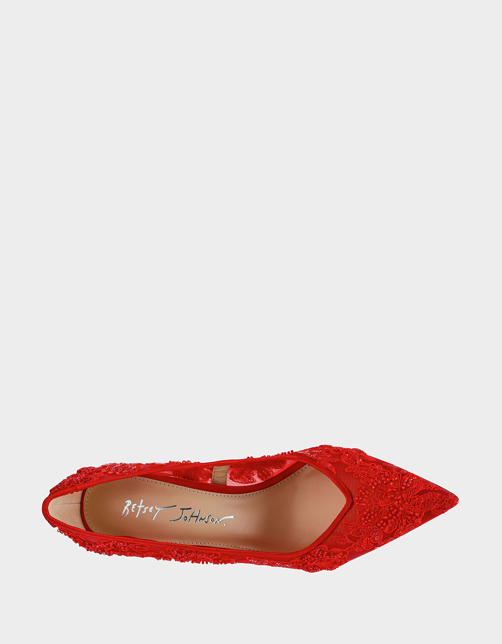 Betsey Johnson Featured | JENII RED Pointed-Toe Mesh Embellished Floral Print Pump Women's Heel