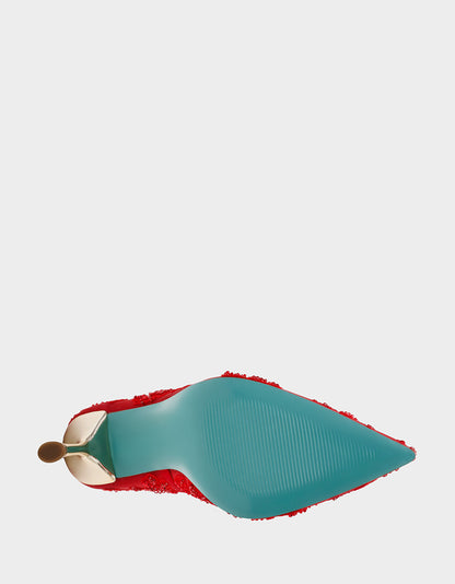 Betsey Johnson Featured | JENII RED Pointed-Toe Mesh Embellished Floral Print Pump Women's Heel