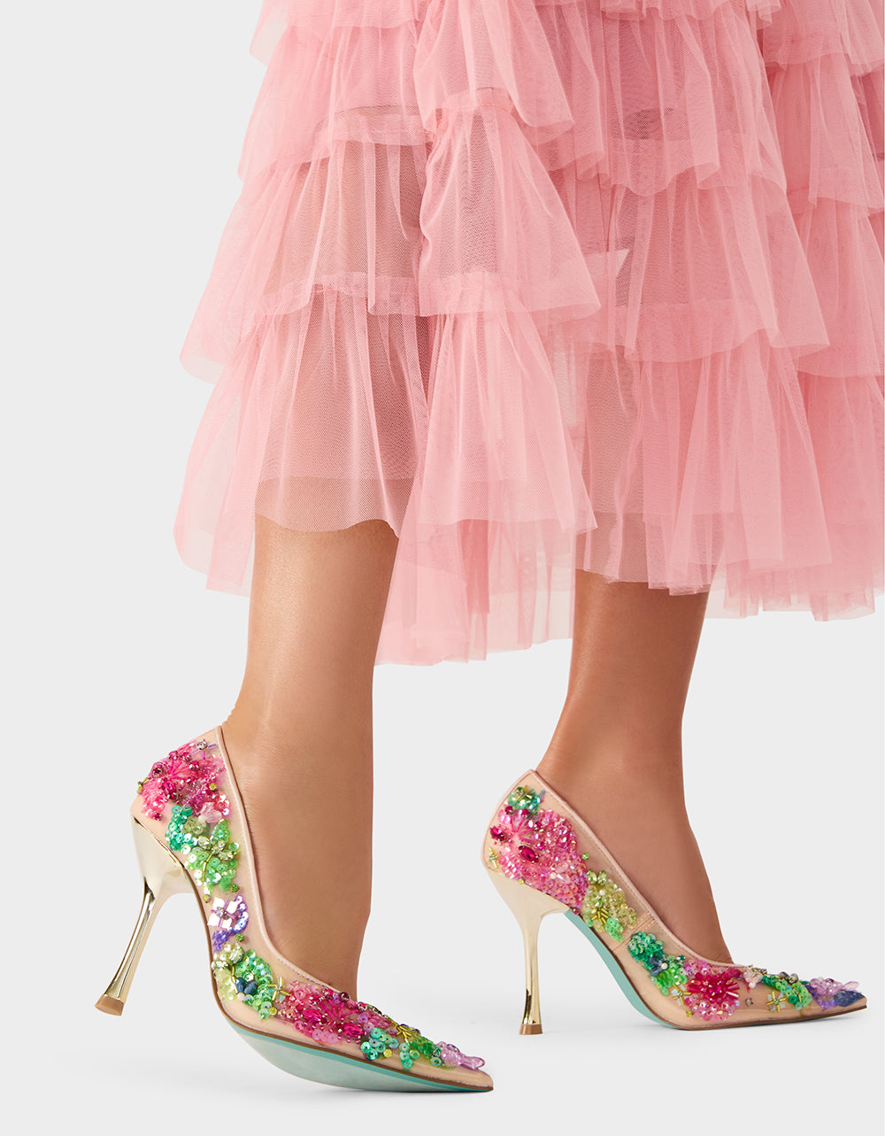 Betsey Johnson Top Pick | NETTA NUDE MULTI Women's Floral Embellished Nude Mesh High Heel