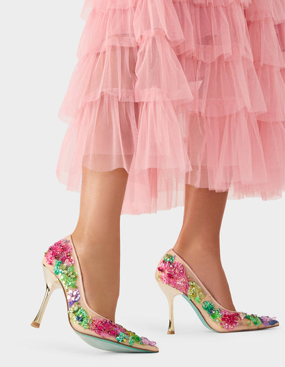 Betsey Johnson Top Pick | NETTA NUDE MULTI Women's Floral Embellished Nude Mesh High Heel
