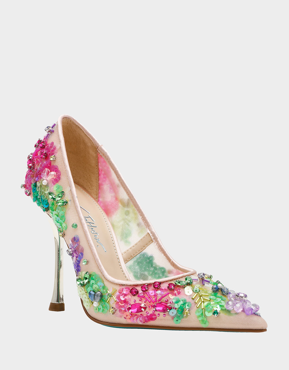 Betsey Johnson Top Pick | NETTA NUDE MULTI Women's Floral Embellished Nude Mesh High Heel
