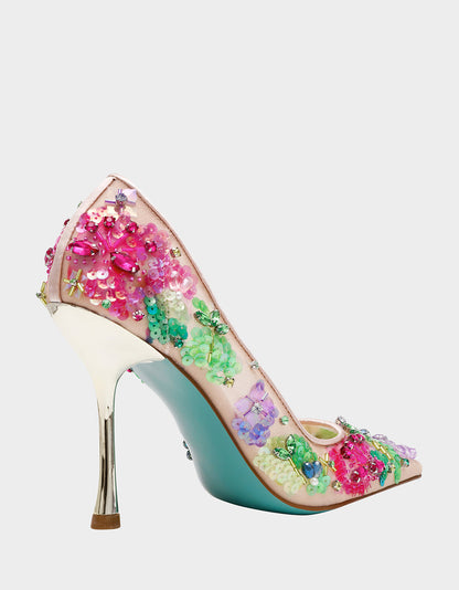 Betsey Johnson Top Pick | NETTA NUDE MULTI Women's Floral Embellished Nude Mesh High Heel
