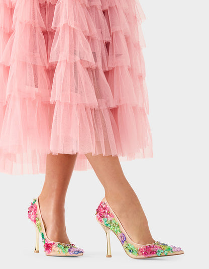 Betsey Johnson Top Pick | NETTA NUDE MULTI Women's Floral Embellished Nude Mesh High Heel