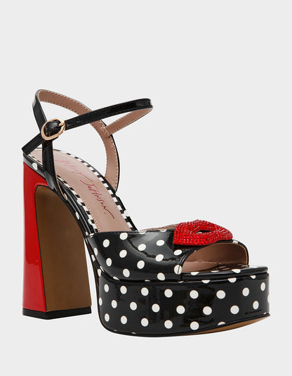 Betsey Johnson Signature | ALLYSON WHITE BLACK POLKA DOT Women's Platform Sandal Heels