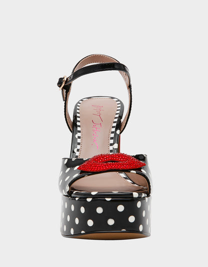 Betsey Johnson Signature | ALLYSON WHITE BLACK POLKA DOT Women's Platform Sandal Heels