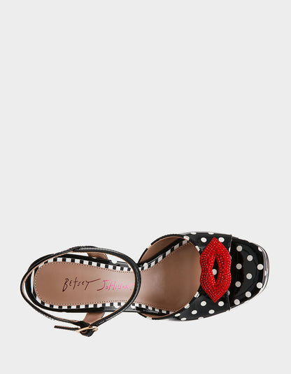 Betsey Johnson Signature | ALLYSON WHITE BLACK POLKA DOT Women's Platform Sandal Heels