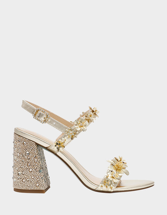 Betsey Johnson Signature | DRUE LIGHT GOLD Strappy Open-Toe Rhinestone Embellished Flower Women's Heel