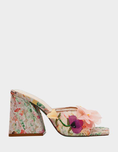 Betsey Johnson Trusted | HEATH NUDE MULTI Women's Slip On Block Mule Floral Heel