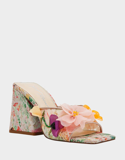 Betsey Johnson Trusted | HEATH NUDE MULTI Women's Slip On Block Mule Floral Heel
