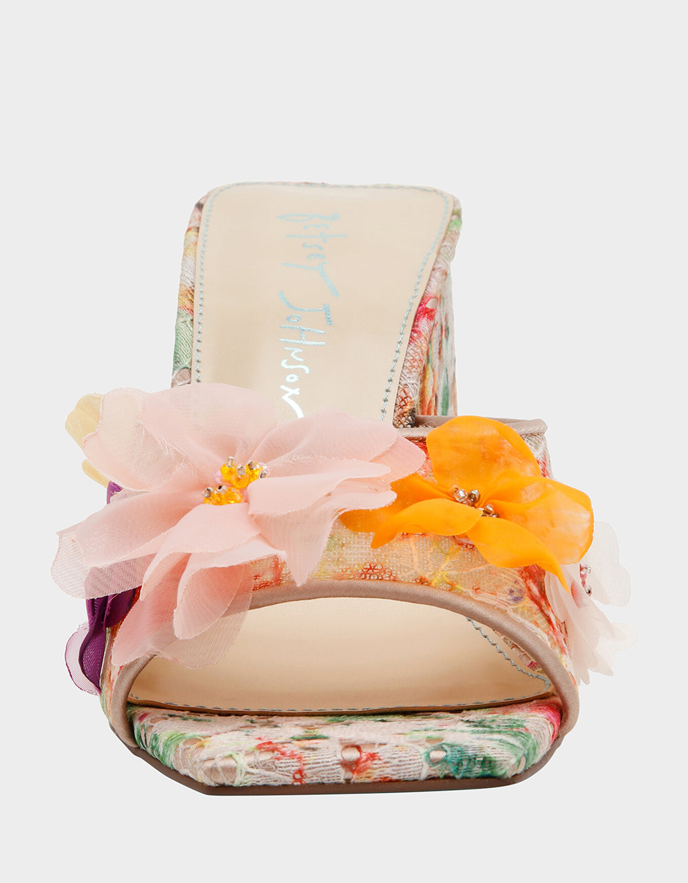 Betsey Johnson Trusted | HEATH NUDE MULTI Women's Slip On Block Mule Floral Heel