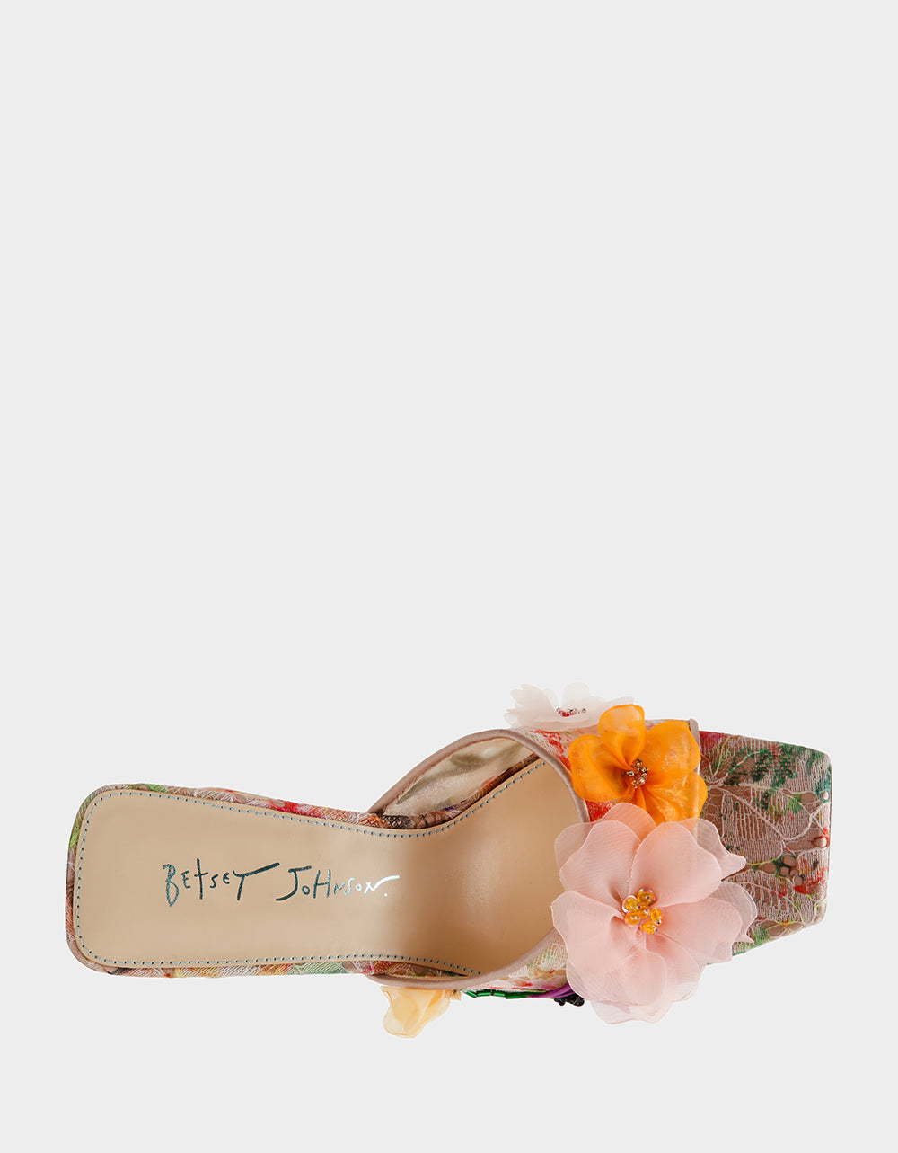 Betsey Johnson Trusted | HEATH NUDE MULTI Women's Slip On Block Mule Floral Heel