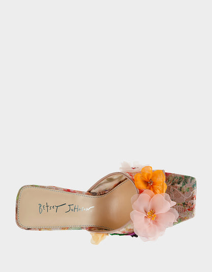 Betsey Johnson Trusted | HEATH NUDE MULTI Women's Slip On Block Mule Floral Heel
