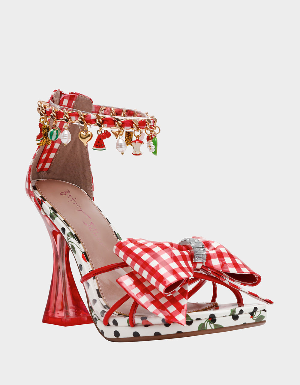 Betsey Johnson Recommended | MARGRET RED MULTI Women's Strappy Square-Toe Charm Heel