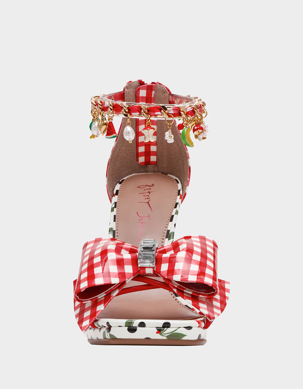 Betsey Johnson Recommended | MARGRET RED MULTI Women's Strappy Square-Toe Charm Heel