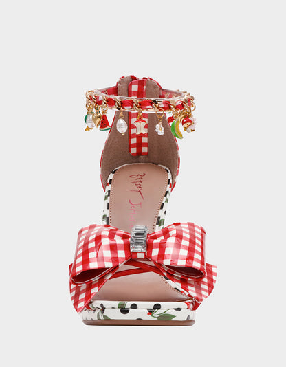 Betsey Johnson Recommended | MARGRET RED MULTI Women's Strappy Square-Toe Charm Heel