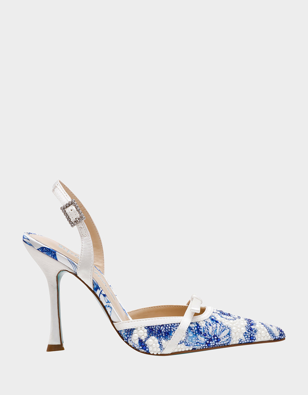 Betsey Johnson Trending | ROZA WHITE/BLUE FLORAL Women's Pointed Toe Stiletto Floral Heel