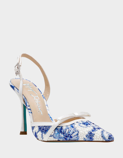 Betsey Johnson Trending | ROZA WHITE/BLUE FLORAL Women's Pointed Toe Stiletto Floral Heel