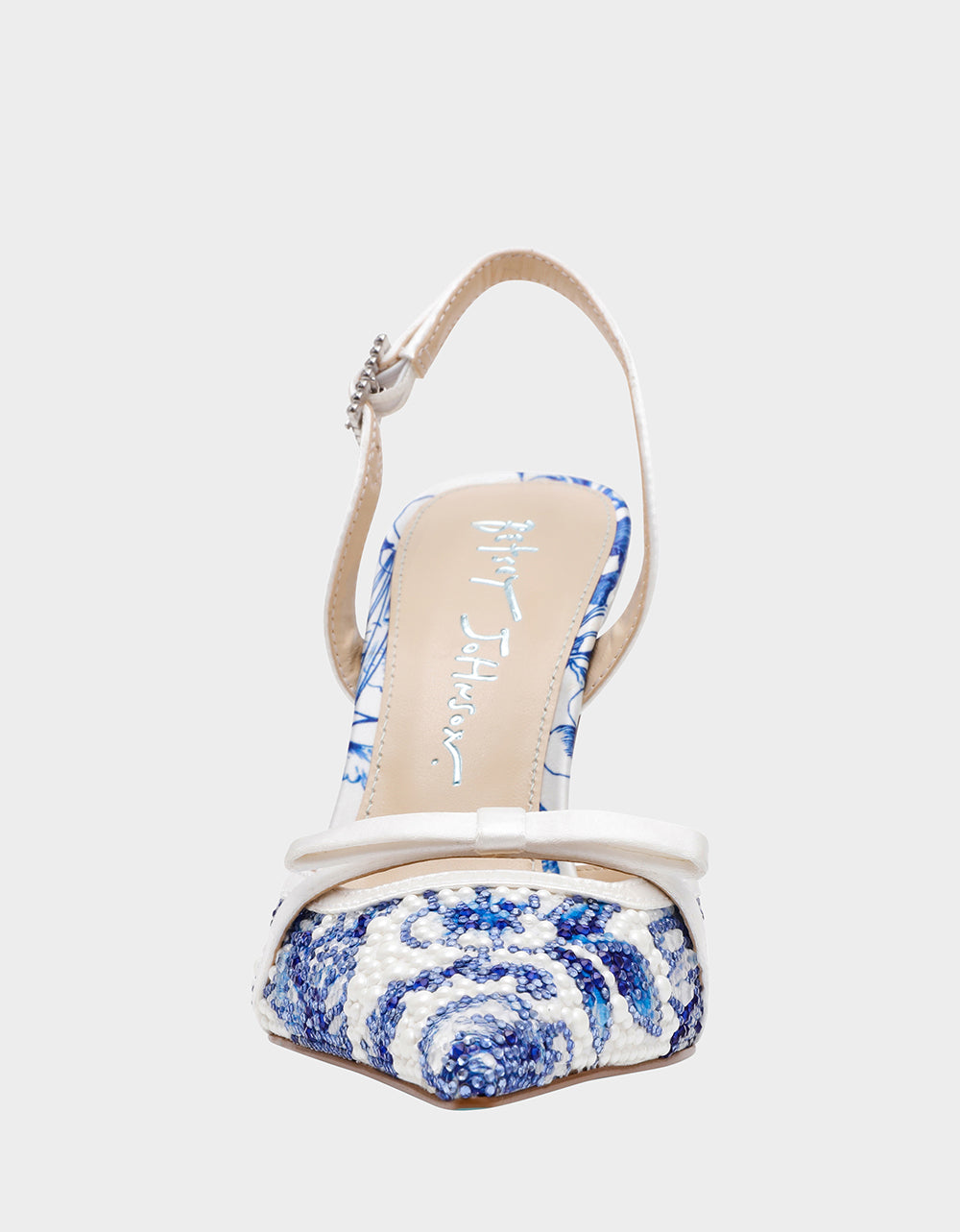Betsey Johnson Trending | ROZA WHITE/BLUE FLORAL Women's Pointed Toe Stiletto Floral Heel