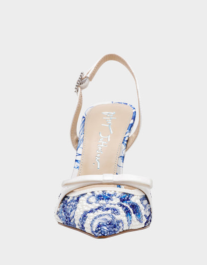 Betsey Johnson Trending | ROZA WHITE/BLUE FLORAL Women's Pointed Toe Stiletto Floral Heel