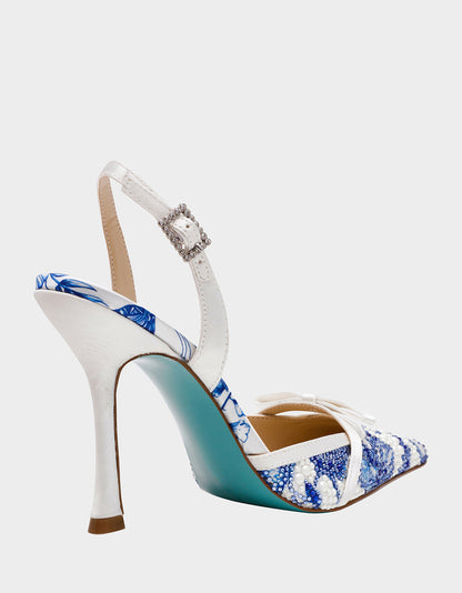 Betsey Johnson Trending | ROZA WHITE/BLUE FLORAL Women's Pointed Toe Stiletto Floral Heel