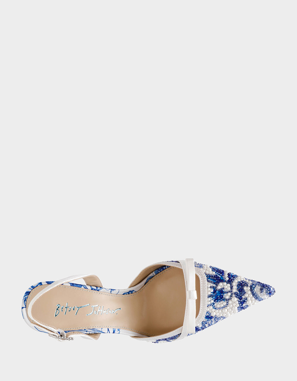 Betsey Johnson Trending | ROZA WHITE/BLUE FLORAL Women's Pointed Toe Stiletto Floral Heel
