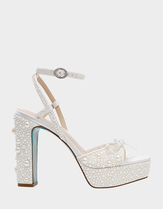Betsey Johnson New | ENOLA PEARL Women's Strappy Block Heel Square-Toe Platform Pearl Embellished Women's Heel