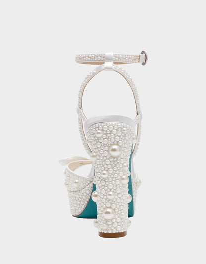 Betsey Johnson New | ENOLA PEARL Women's Strappy Block Heel Square-Toe Platform Pearl Embellished Women's Heel