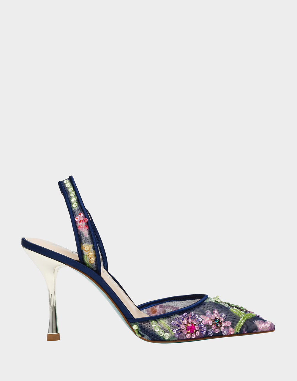 Betsey Johnson Sale | VELMA NAVY MULTI Pointed-Toe Stiletto Pump Mesh Heel