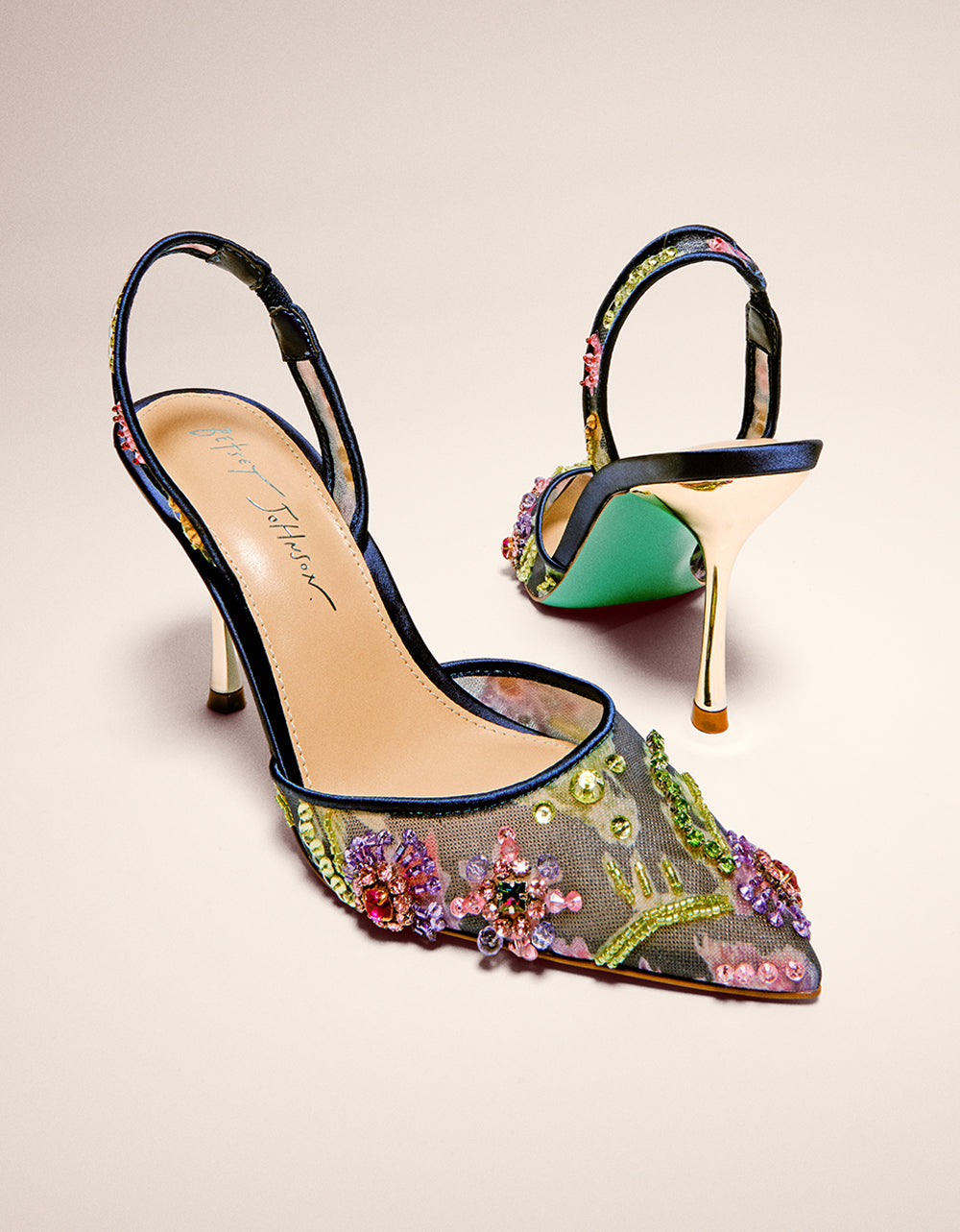 Betsey Johnson Sale | VELMA NAVY MULTI Pointed-Toe Stiletto Pump Mesh Heel